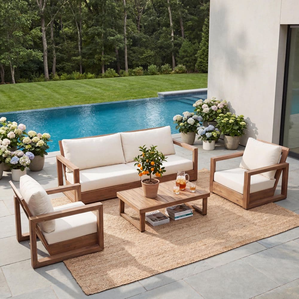 Belen Brown 4-Piece Acacia Wood Outdoor Patio Conversation Set with Beige Cushions and Swivel Chairs price history on PriceWatchPro