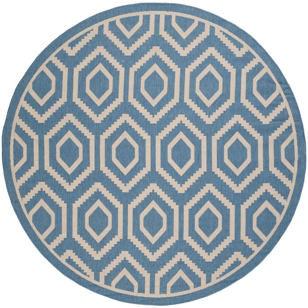 SAFAVIEH Courtyard Blue/Beige 8 ft. x 8 ft. Round Geometric Indoor/Outdoor Patio  Area Rug