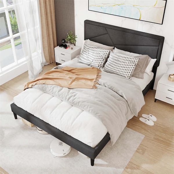 Gray MDF Frame Queen Size Platform Bed w/ High Headboard & Wooden Slats No Box Spring Needed