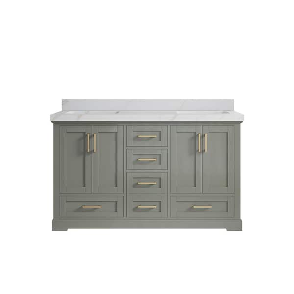 Willow Collections Boston 60 in. Double Sink Freestanding Evergreen Bath Vanity with Calacatta Sienna Quartz Top Unassembled