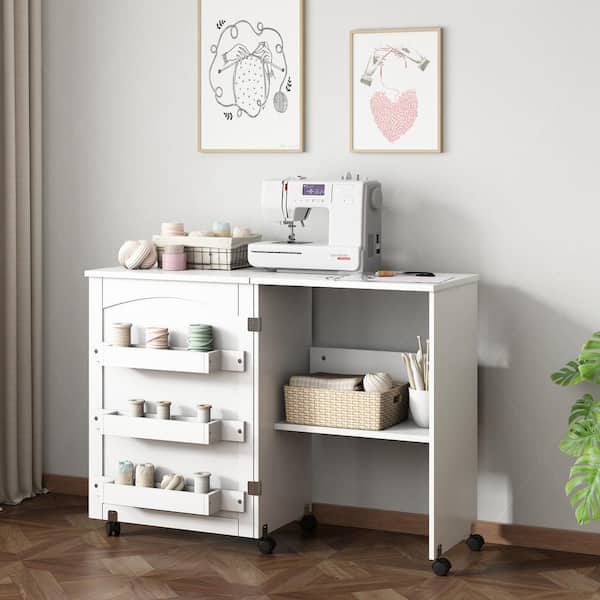 Costway White Folding Swing Craft Table Storage Shelves Cabinet