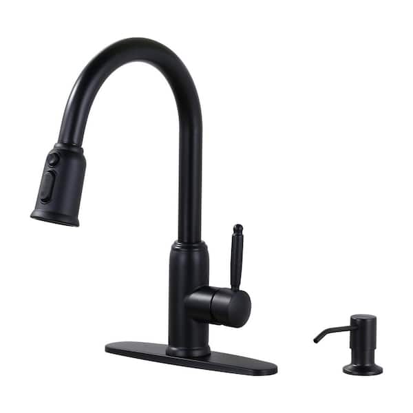 AVITAS Stainless Steel Single Handle Pull Down Sprayer Kitchen Faucet with Soap Dispenser in Matte Black