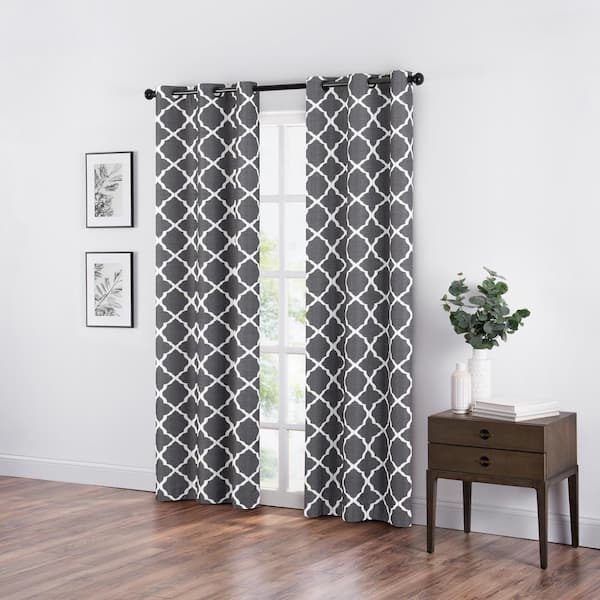 Eclipse Fret Thermaback Smoke Lattice Polyester 42 in. W x 84 in. L Blackout Single Grommet Top Curtain Panel