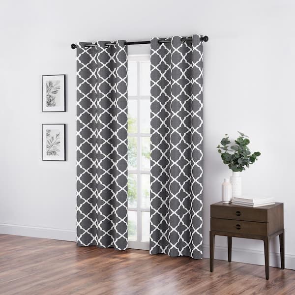 Eclipse Fret Thermaback Smoke Lattice Polyester 42 in. W x 95 in. L Blackout Single Grommet Top Curtain Panel