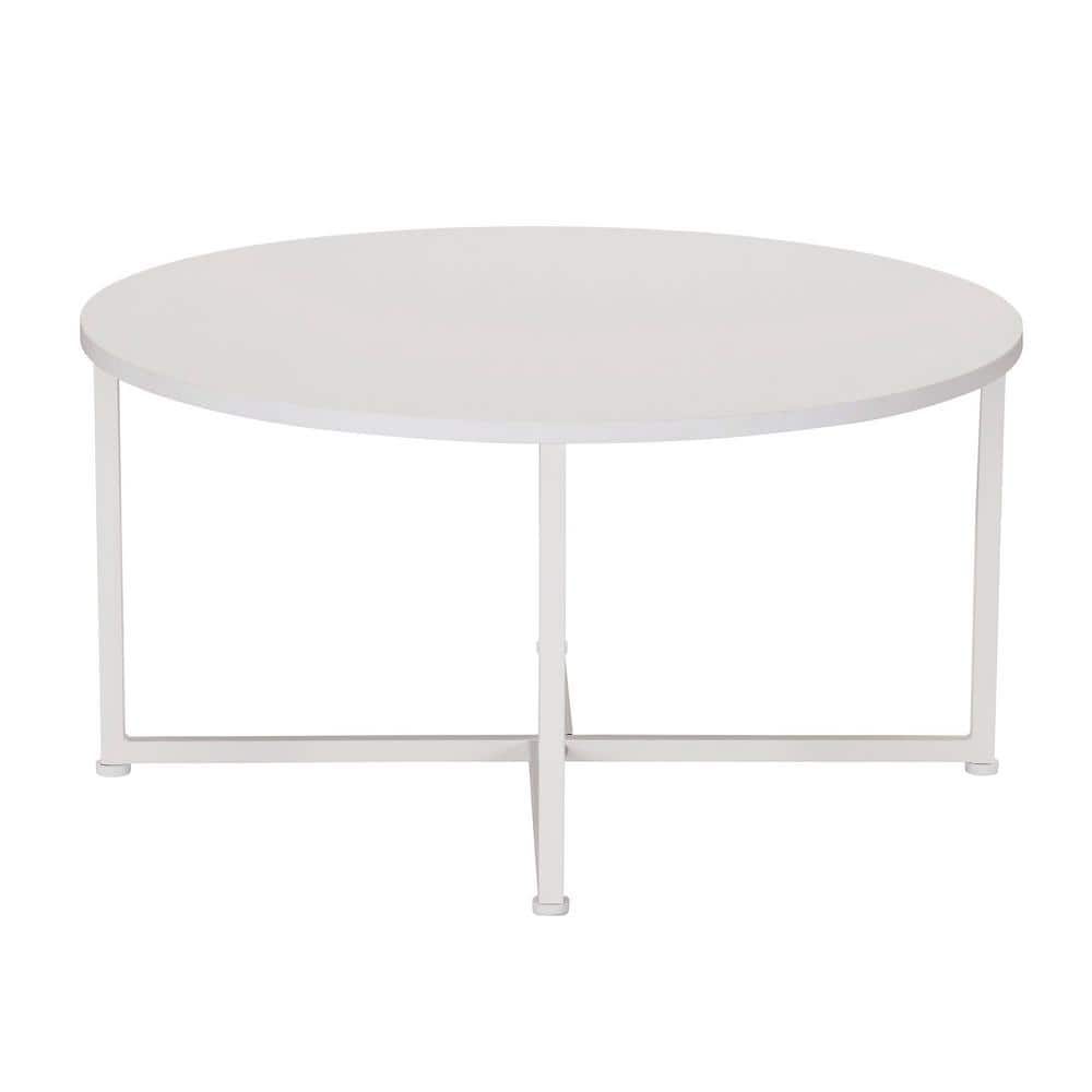 Modern Minimalist Round White Metal Coffee Table with Laminate Finish