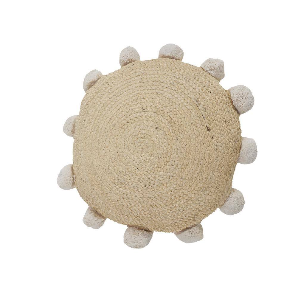 Round Natural Jute Throw Pillow with Pom Pom Border