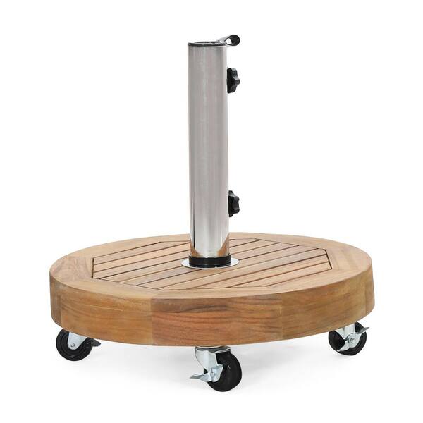 brown patio umbrella base with hidden wheels Wood Patio Umbrella Base in Brown with Stainless Steel Tube, Locking Wheels,  Fits 1.57/1.77 in. Umbrella Poles PUB-70857