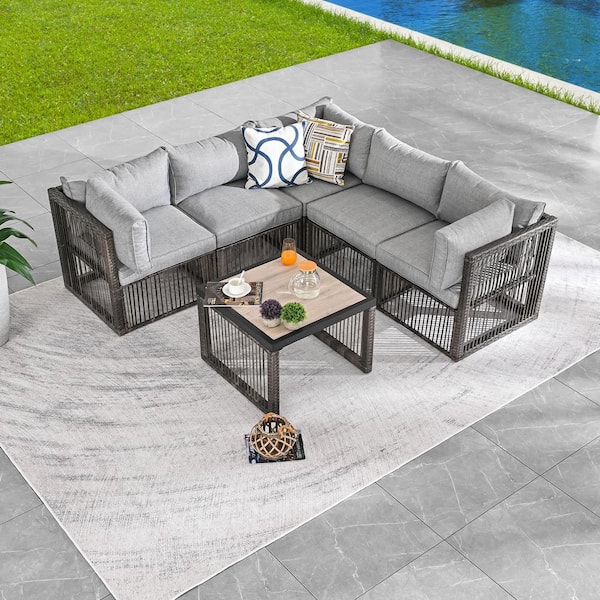 Patio Festival 6-Piece Wicker Patio Conversation Sectional Seating Set with Gray Cushions