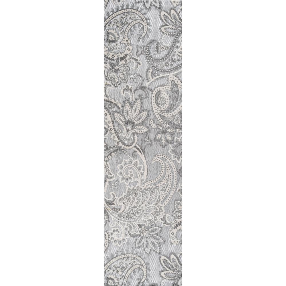Paisley Elegance Light Gray/Ivory 2' x 8' Synthetic Indoor/Outdoor Runner