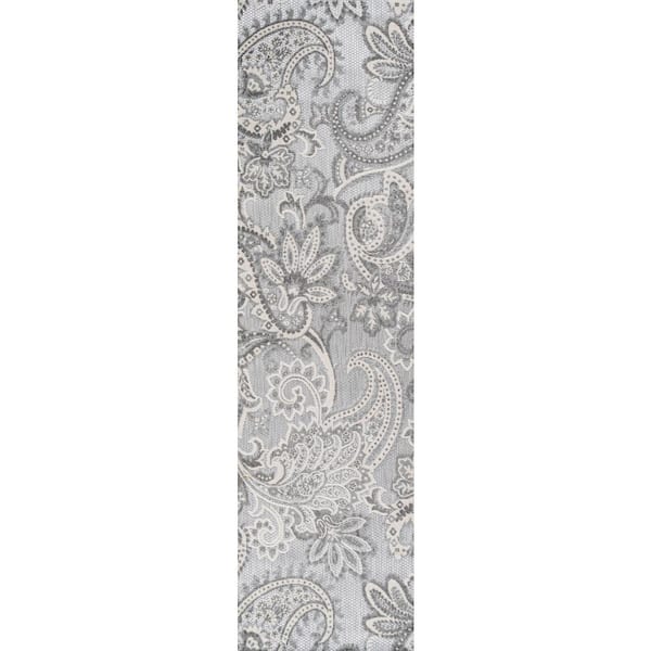 Gordes Paisley High-Low Light Gray/Ivory 2 ft. x 8 ft. Indoor/Outdoor Runner Rug