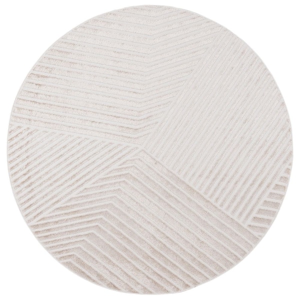 Maya 7 ft. x 7 ft. Ivory Geometric Striped Round Area Rug