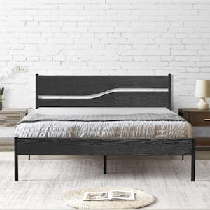 Platform Bed，Black Metal Bed Frame ，Queen Size Platform Bed with Wooden Headboard， Under Bed Storage，62.1 in. W