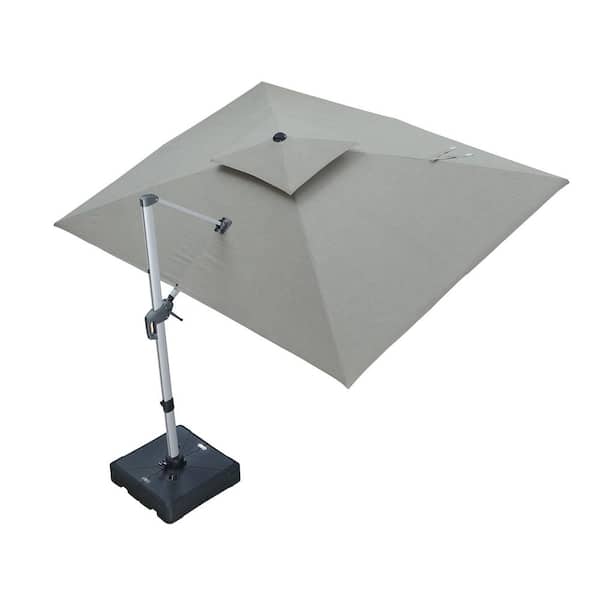 9 ft. x 12 ft. Sunbrella Aluminum 360° Rotation Silvery Cantilever Outdoor Patio Umbrella with Base in Taupe