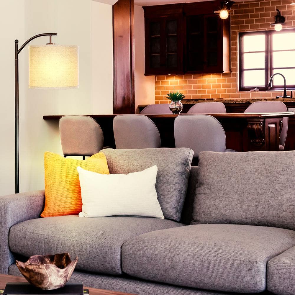 Classic Black Arc LED Floor Lamp with Tan Drum Shade