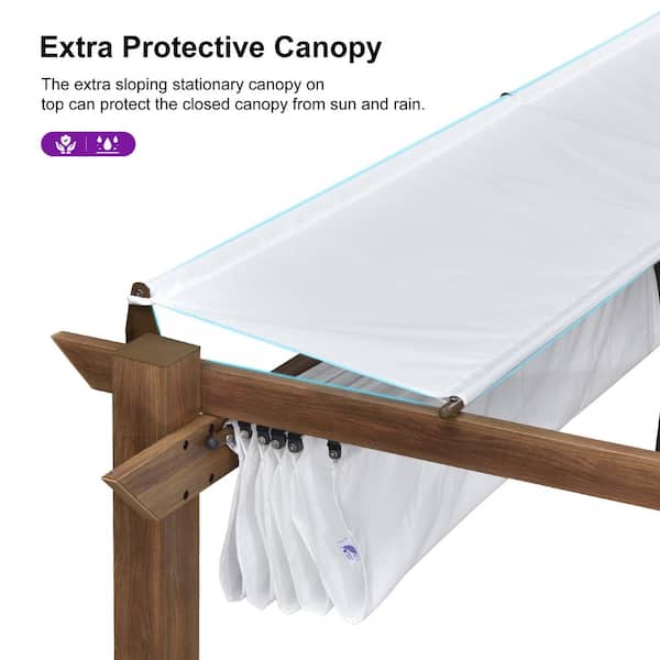 10 ft. W x 10 ft. D Modern Natural Wood Grain Aluminum Pergola with White Adjustable Sun Canopy and Protective Roof