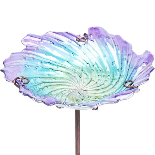11.42 in. Glass Bird Baths for Outdoors, Garden Bird Bath Bowl with Metal Stake Birdbaths for Yard Outdoor, Purple