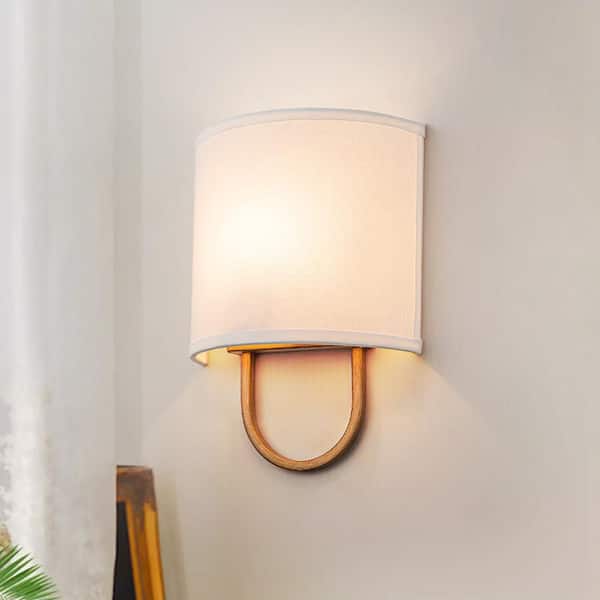 Eira 9.4 in. 1-Light Painted Gold Wall Sconce with Fabric Line Shade for Bedroom, Hallway