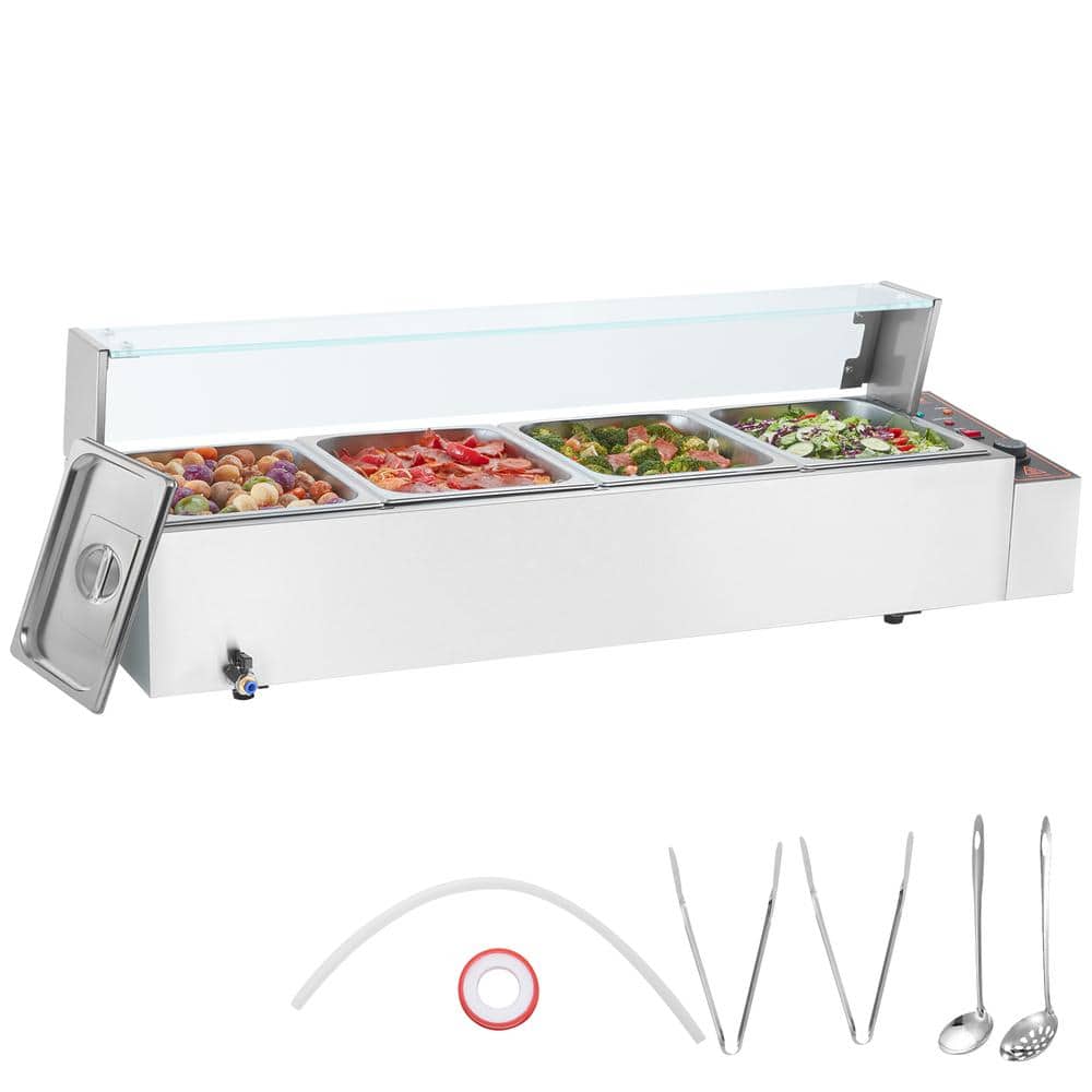 4-Pan Commercial Food Warmer, 4 x 8QT. Electric Steam Table with Glass Cover, 1500W Countertop 86-185Â°F Temp Control