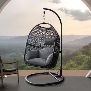 37.4 in W x 41.34 in. D x 76.77 in. H Black Metal Wicker Outdoor Swing Egg Chair with Gray Cushion and Stand