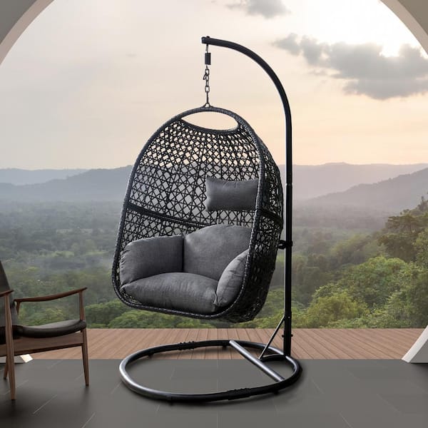 Afoxsos 37.4 in W x 41.34 in. D x 76.77 in. H Black Metal Wicker Outdoor Swing Egg Chair with Gray Cushion and Stand
