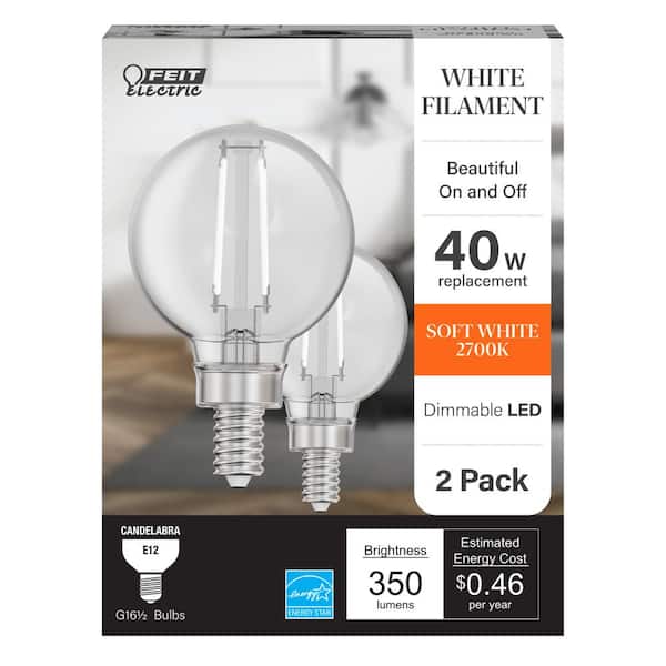 Feit Electric 40-Watt Equivalent G16.5 Dimmable White Filament CEC Clear Globe E12 Candelabra LED Light Bulb, Soft White 2700K(2-Pack)