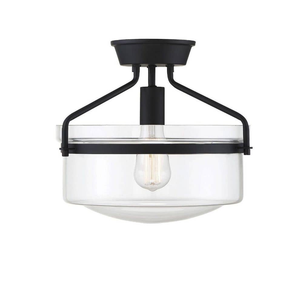 Gardner Matte Black Drum Glass Semi-Flush Ceiling Light