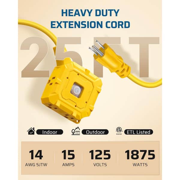 25 ft. 14AWG SJTW /6, Outdoor Heavy Duty Extension Cord 6-Outlet with On/Off Switch and Waterproof Silicone Cover Yellow