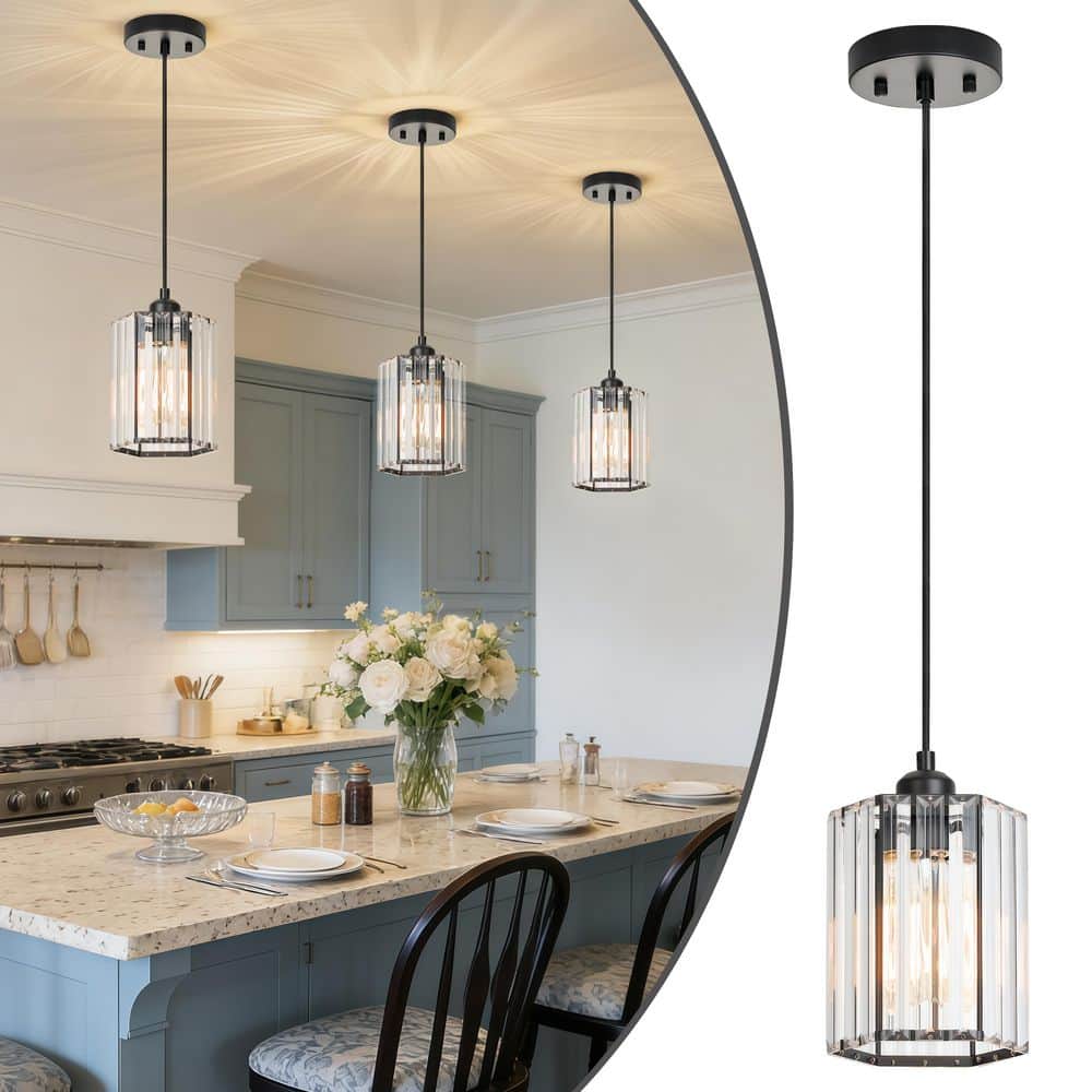 TinHon 1-Light Black Crystal Mini Pendant Light for Kitchen Island