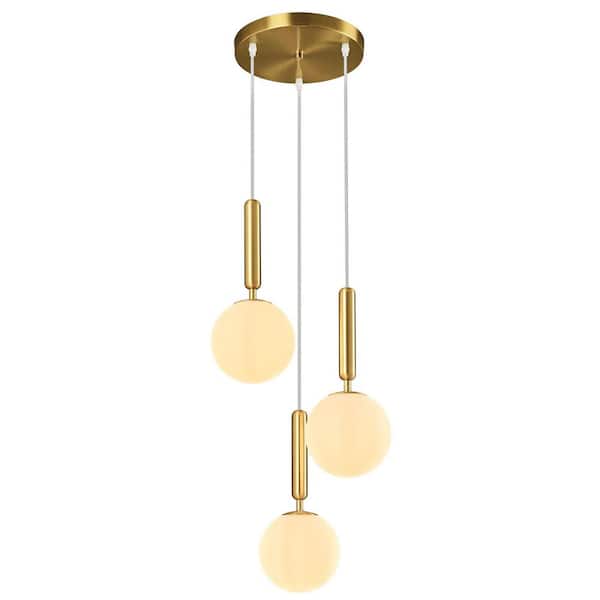 Home Lighting 40W 3-Light Mid Century Gold Retro Round Pendant Light with Globe Milky White Glass for Bedroom
