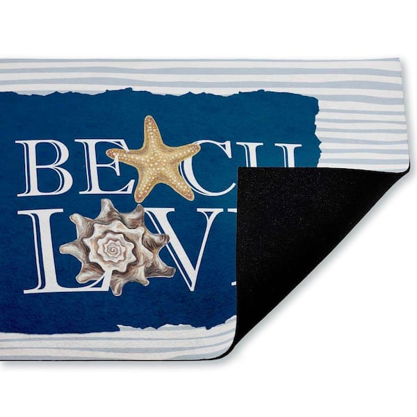 Beach Love over Stripes Blue 18 in. x 30 in. Polyester Non-Slip Outdoor Door Mat