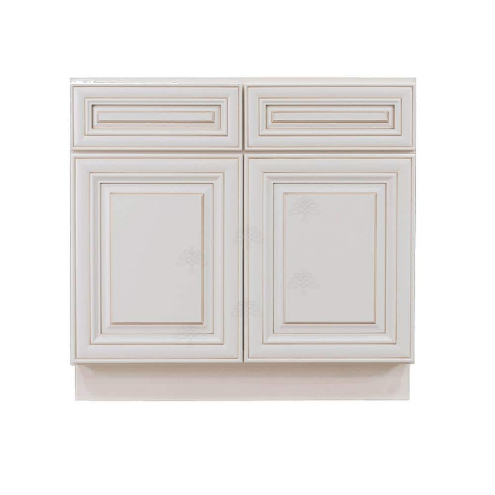 Princeton Assembled 33 in. x 34.5 in. x 24 in. Base Cabinet with 2-Door and 2-Drawer in Creamy White Glazed