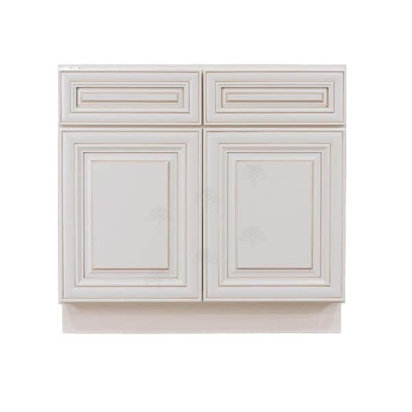Princeton Assembled 36 in. x 34.5 in. x 24 in. Base Cabinet with 2-Door and 2-Drawer in Creamy White Glazed