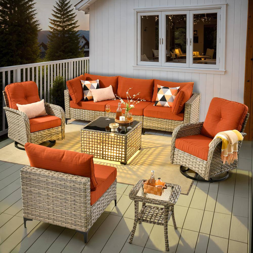 Vinceny Gray 8-Piece Wicker Patio Conversation Set with Orange Red Cushions and Swivel Chairs price history on PriceWatchPro
