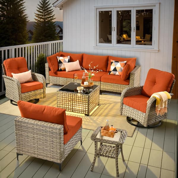 OVIOS Vinceny Gray 8-Piece Wicker Patio Conversation Set with Orange Red Cushions and Swivel Chairs