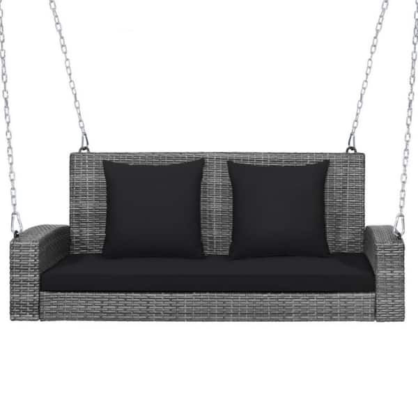 Kadehome 2-Person Wicker Hanging Porch Swing Chair with Cushion in Black