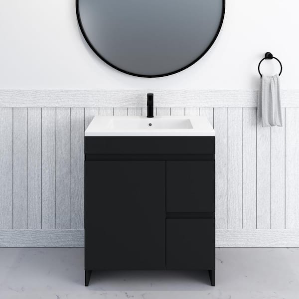 VOLPA USA AMERICAN CRAFTED VANITIES Mace 30 in. W x 20 D Single Sink Bathroom Vanity Right Side-Drawers in Matte Black with Acrylic Integrated Countertop