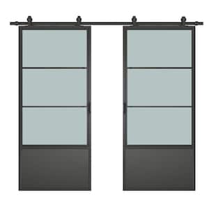 74 in. x 84 in. Frosted Glass Black Steel Frame Interior Double Sliding Barn Door with Hardware Kit and Door Handle