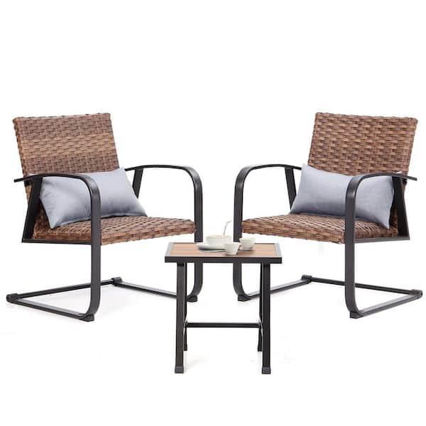 Zeus & Ruta 3-Piece Wicker Outdoor Patio Conversation Seating Set with Grey Cushion and Coffee Table for Patio, Garden, Backyard