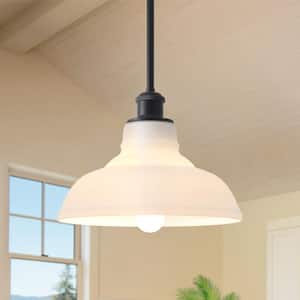 60 -Watt 1-Light Dome Shaded Pendant Light with Cream Glass Shade and Black hanging rod, No Bulbs Included