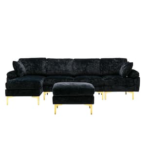 114 in. Rolled Arm 4-Piece Velvet L-Shaped Sectional Sofa in Black with Chaise