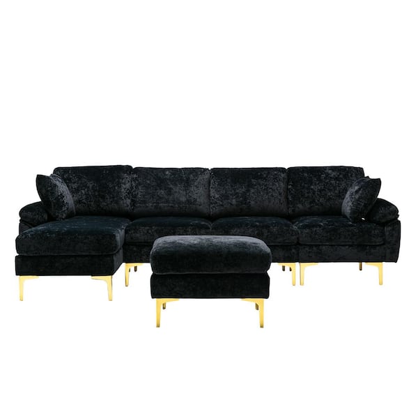 HOMEFUN 114 in. Rolled Arm 4-Piece Velvet L-Shaped Sectional Sofa in Black with Chaise