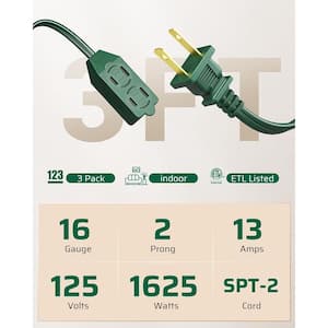3-Pack 3 ft. 16/3 Indoor Extension Cord with Multiple Outlets and Rotate-to-Lock Safety Cover, Green