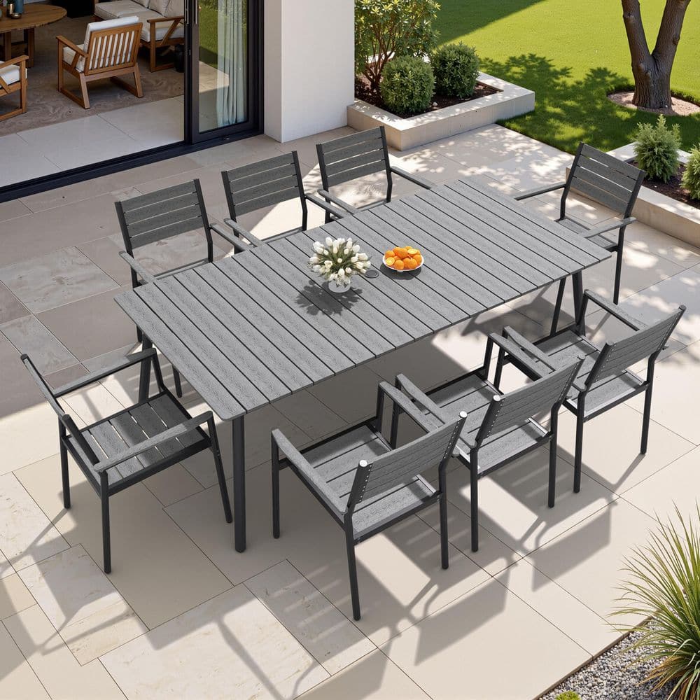 9-Piece Aluminum Outdoor Dining Set with 1.61 in. Umbrella Hole 8 Stackable Dining Chair Wood Grain Panel in Dark Gray price history on PriceWatchPro
