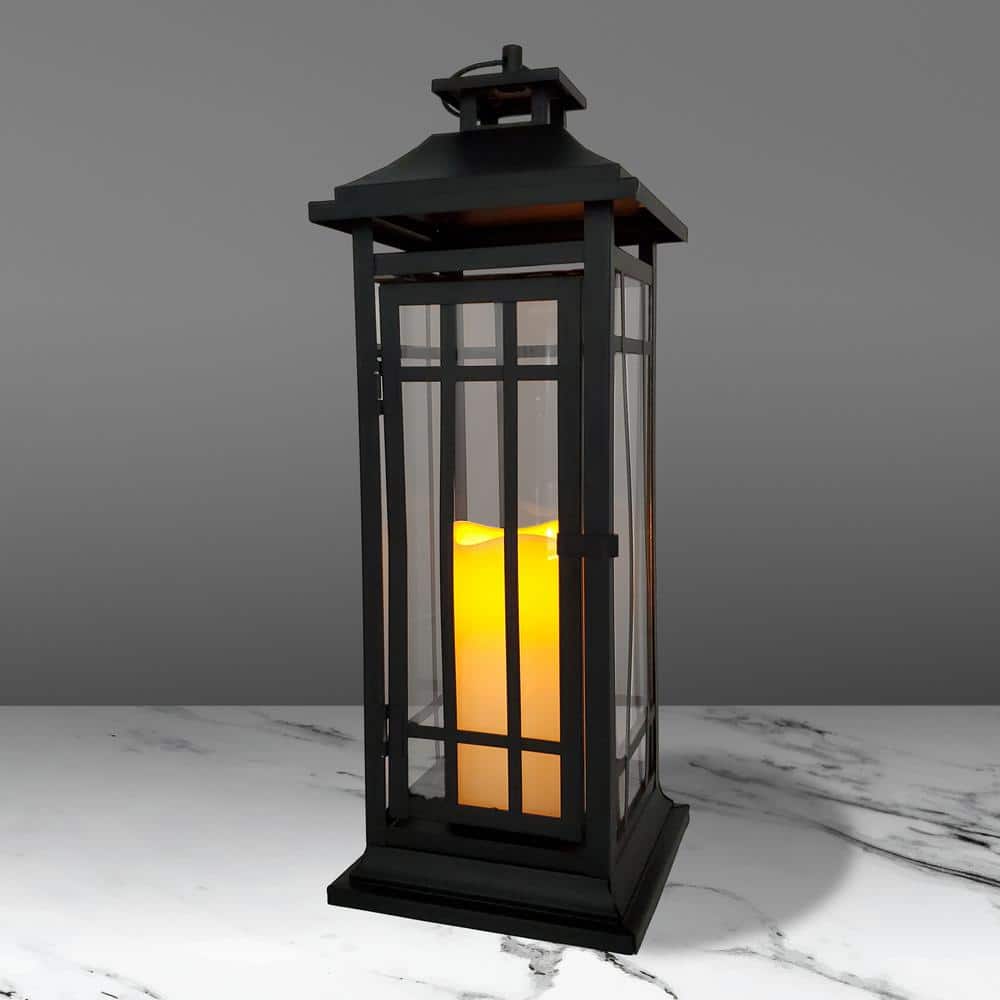 17" Black Metal Lantern with Amber LED Candle