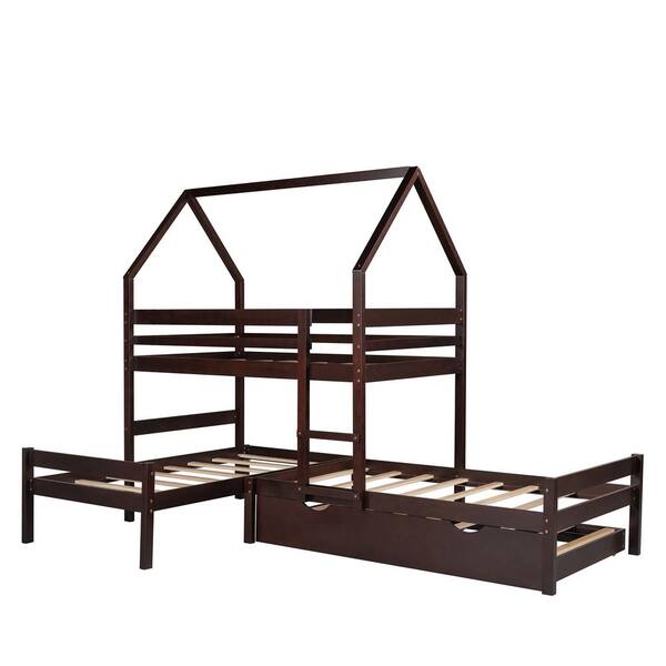 L Shaped Twin Wooden House, Triple Bunk Bed With Trundle