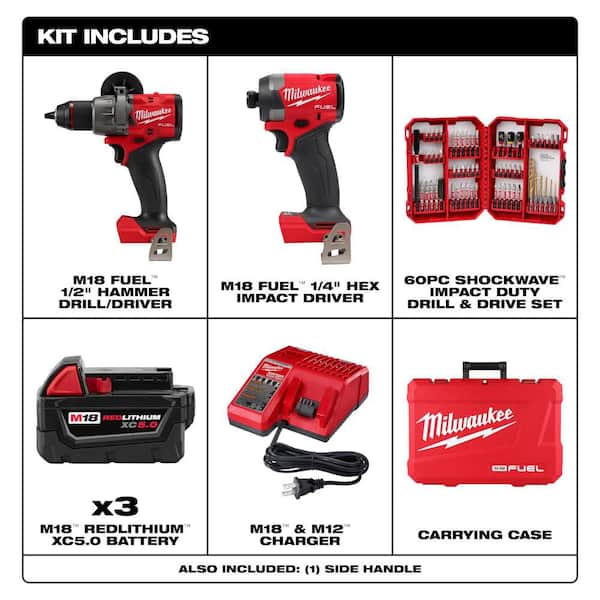 M18 FUEL 18V Cordless Hammer Drill/Impact Combo Kit (2-Tool) w/5.0Ah Battery & SHOCKWAVE Bit Set (60-Pc)