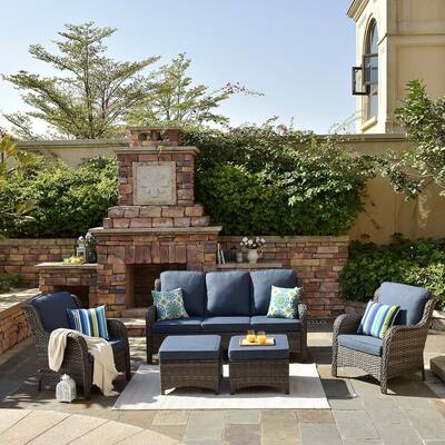 OVIOS New Vultros Gray 3-Piece Wicker Outdoor Lounge Chair with Blue Cushions and 2 Ottomans 