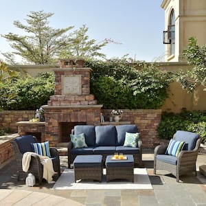 New Kenard Gray 5-Piece Wicker Outdoor Patio Conversation Seating Set with Denim Blue Cushions