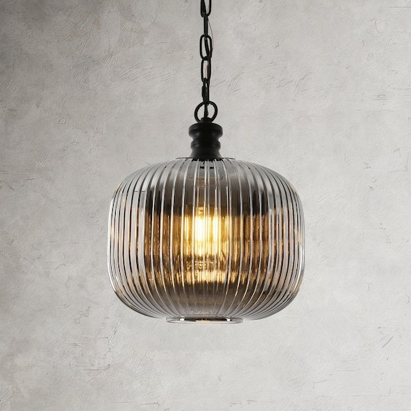Henveton Jasslynn 60 Watt 1-Light Black Pendant Light with Smoke Dark Gray Ribbed Glass Shade for Kitchen Dinning Room Foyer