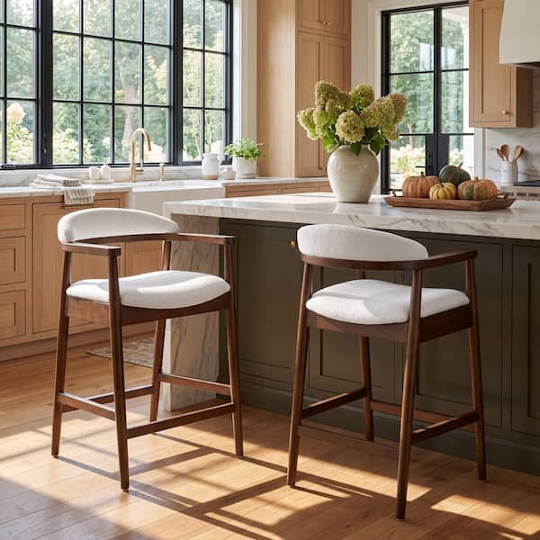 Modern 25.39 in. H Walnut and White Wood Counter Height Bar Stools with Upholstered Seat and Back (Set of 2)